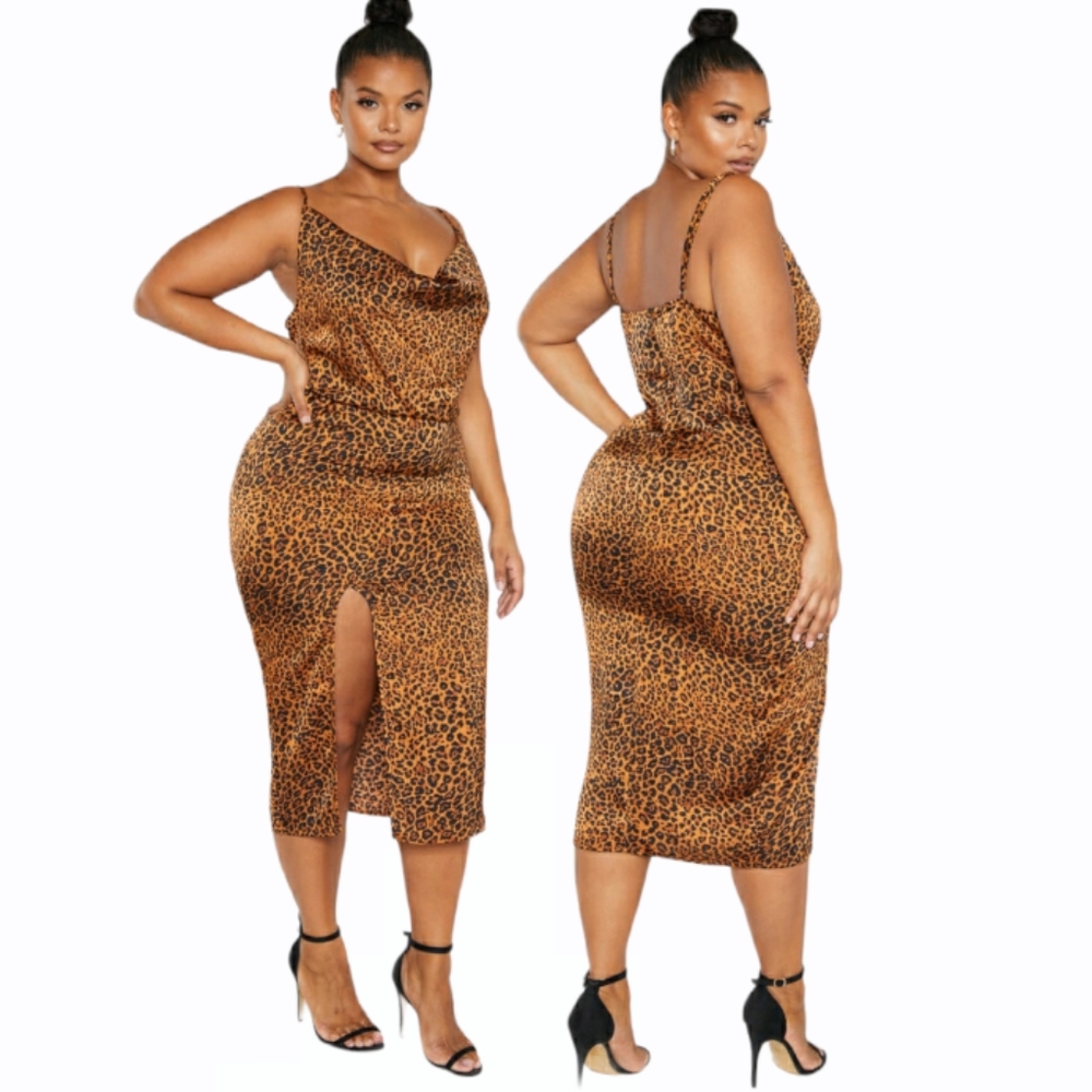 PLT Animal Print Satin Cowl Midi Slip Dress